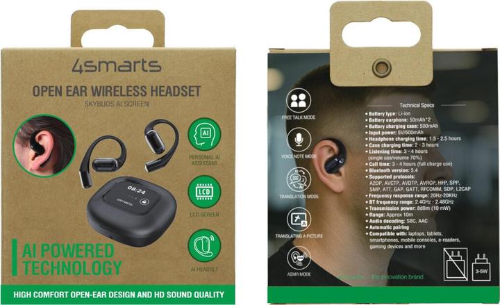 Productafbeelding 4smarts Open-Ear Bluetooth Kopfhörer SkyBuds AI Screen, Schwarz (28 h, Draadloze)