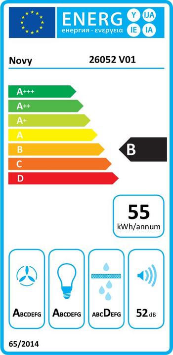 Energy Label NOVY Hood Crystal 26052 Canopy, Energy efficiency class B, Plotis 60 cm, 600 m³/h, Push buttons, LED (Flat-screen hood)