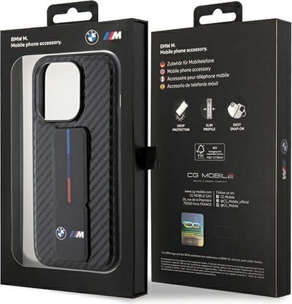 Actual product image BMW BMHCP15LGSPCCK iPhone 15 Pro 6.1" czarny/black hardcase Grip Stand Smooth & Carbon (Apple iPhone 15 Pro)