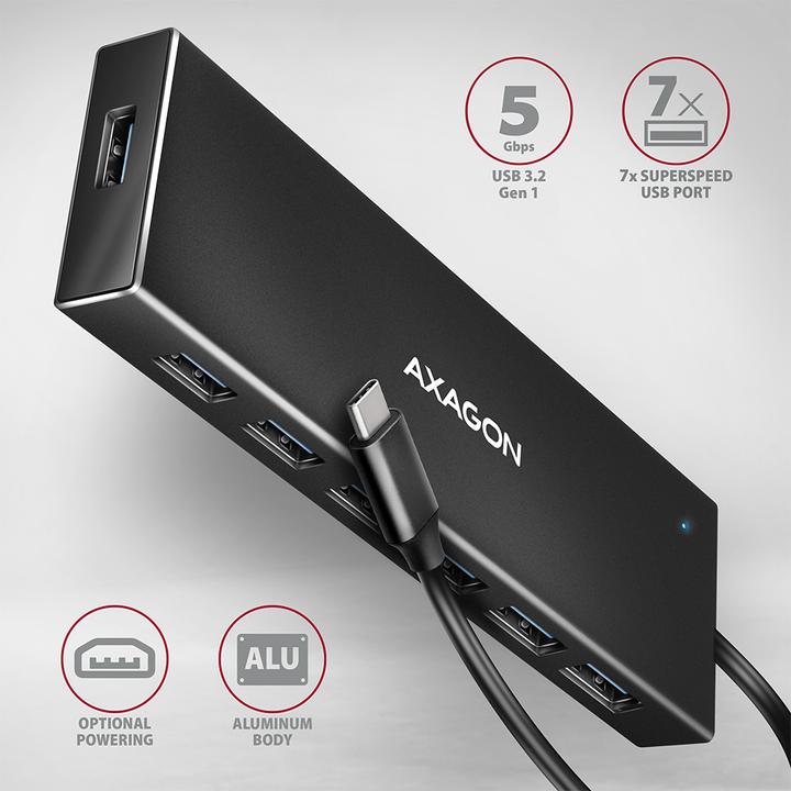 Produktbild Axagon HUE-F7A 7x USB 3.2 Gen 1 Aluminium Flat Hub, 30 cm USB-C-Kabel (USB-C, 7 Ports)