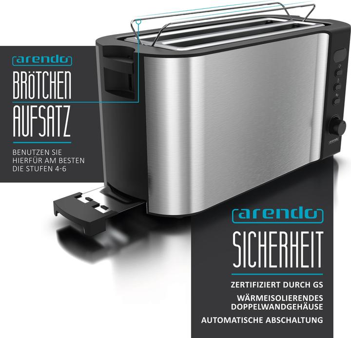 Produktbild Arendo Edelstahl Toaster 4 Scheiben Langschlitz, Doppelwand, Brötchenaufsatz, Display mit Restzeitanzeige