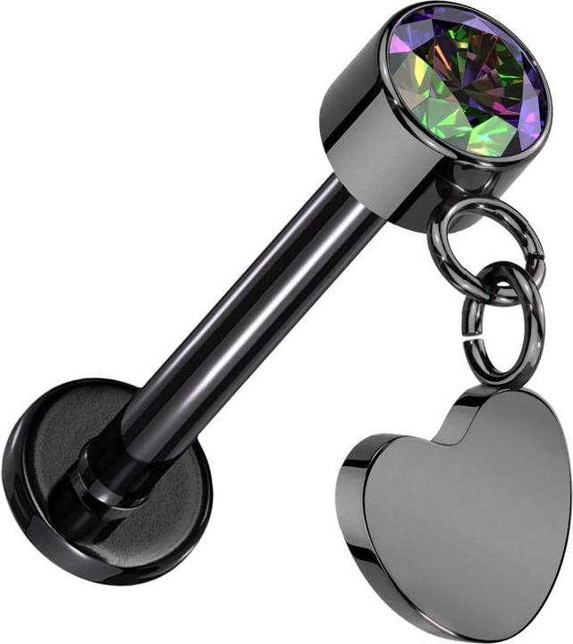 Produktbild Star Piercing Micro Threadless Labret schwarz Zylinder schwarz Kristall dunkel multicolor Anhänger Herz schwarz (ohne Messing, Titan G23)
