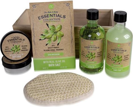 Accentra Geschenkset OLIVE in Holzkorb, inkl. 260ml Duschgel, 260ml Schaumbad, 300g Badesalz, 50ml Körperpeel (Körperpflegeset)