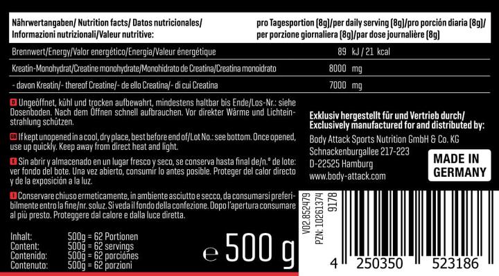 Nutritional values and ingredients Body Attack Muscle Creatine (Creapure 500g can) (1 Piece, Powder, 500 g)