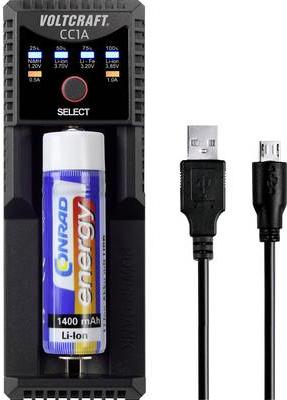 Voltcraft CC1A Round Cell Charger NiMH, LiIon, LiFePO, NiCd Mignon (AA), Micro (AAA), Baby (C), 10440, 10500 (1 pcs., 10440, 10500, 12500, 12650, 13650, 14500, 14650, 16340, Battery + charger)