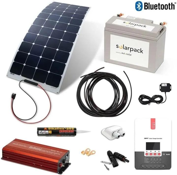 Autosolar Komplettpaket 160W flexibel +Lithiumbatt. 55Ah und 600W-Wechselrichter + Montagematerial (165 W)