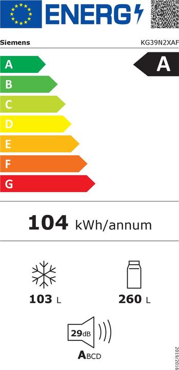 Energie-Label Siemens KG39N2XAF Stand-Kühl-Gefrierkombination (364 l)