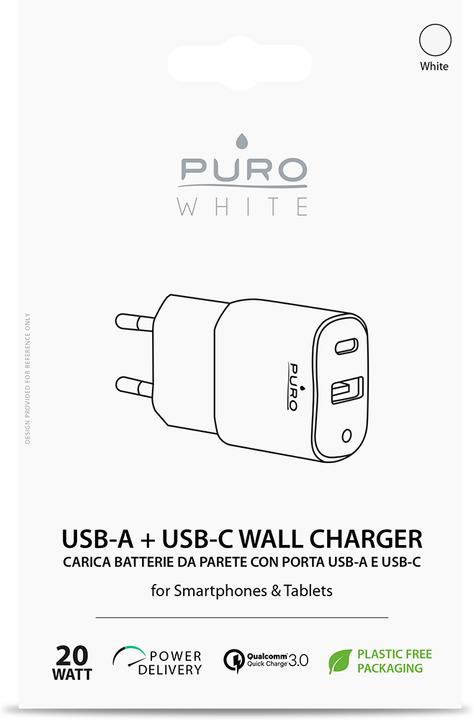 Immagine prodotto Puro Mini" greitas kelioninis įkroviklis 1 x USB-A 1 x USB-C 3 A (PUR414WHT) (20 W)
