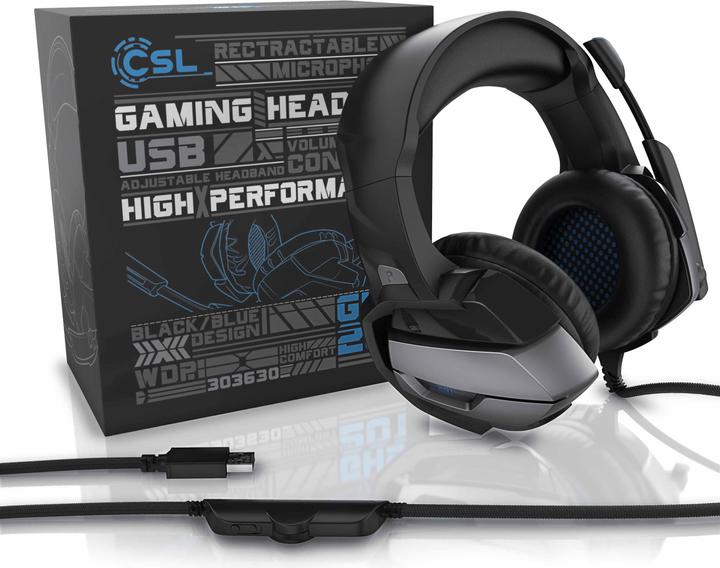 Produktbild CSL Gaming Headset, USB, Mikrofon, LED Beleuchtung, Kopfhörer für Windows, Mac, PS3, PS4, PS4 Pro, PS5 (Kabelgebunden)