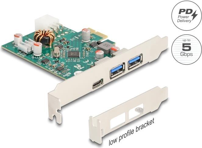 Actual product image Delock PCI Express x1 card to 1 x external USB Type-C socket PD 30 W + 2 x external USB Type-A socket US