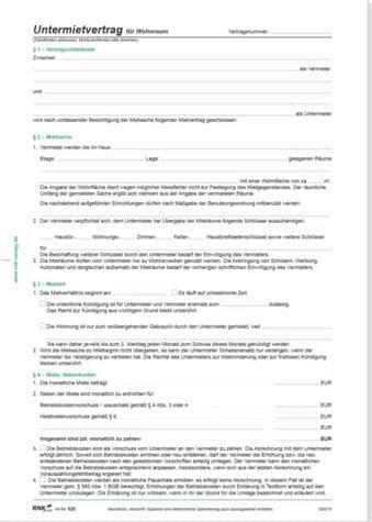 Produktbild Rnk Verlag Vordruck "Untermietvertrag fr Wohnr„ume", DIN A4 (2 x)