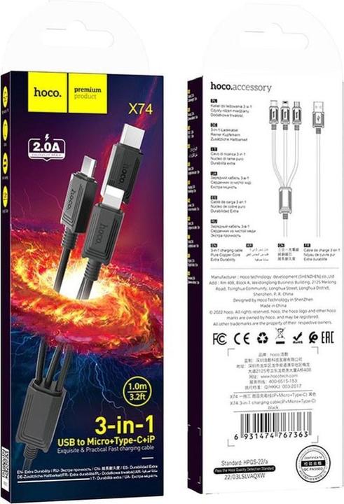 Produktbild Hoco Cable cable 3in1 USB A to Lightning / Micro USB / Type C 2A X76 1 m black (1 m)