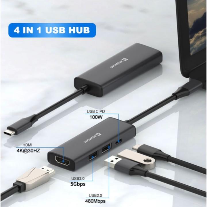 Image du produit Swissten Hub USB-C 4-en-1 (USB-C 100W, Hdmi 4K, 2X USB-A) Aluminium (USB-C, 4 Ports)