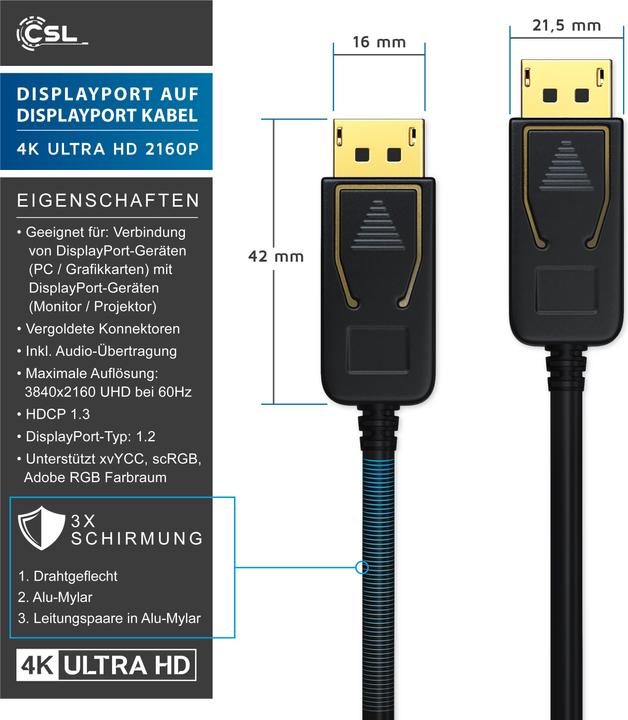 Produktbild CSL DisplayPort Kabel 4k 60Hz Ultra HD - DisplayPort 1.2 zu DP 4K 1.2 inkl. Audio-Übertragung (5 m, DisplayPort)