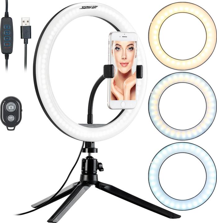 Somikon Luce professionale ad anello a LED, Ø26 cm, dimmerabile, trigger remoto e supporto per smartphone