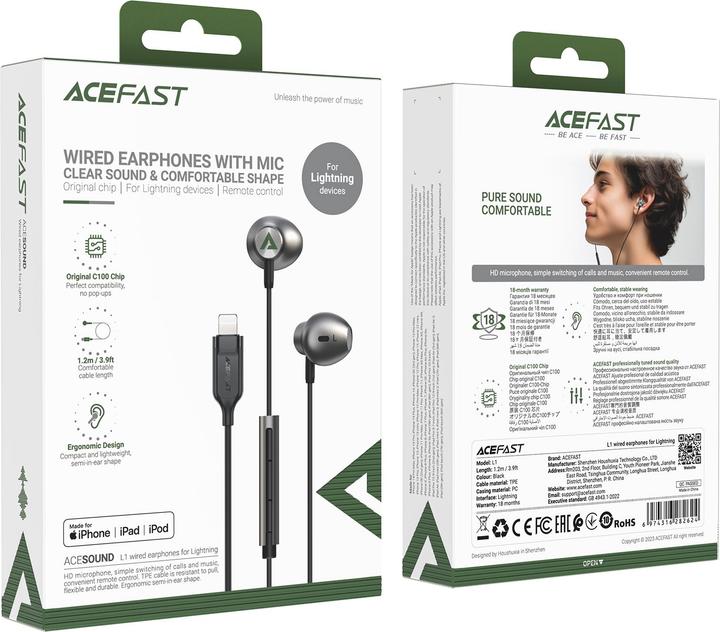 Image du produit Acefast Écouteurs intra-auriculaires L1 avec connecteur Lightning 1,2 m - noir (ANC, Filaire)