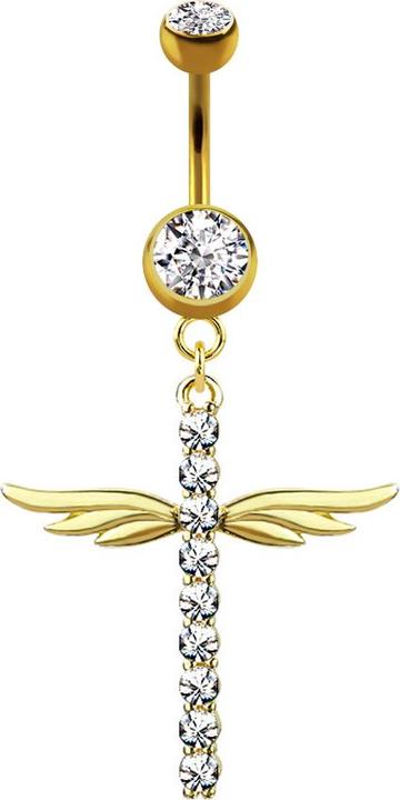 Star Piercing Banane 14k vergoldet mit Anhänger Kreuz mit Flügel und Kristallen (Chirurgenstahl 316L, Messing)