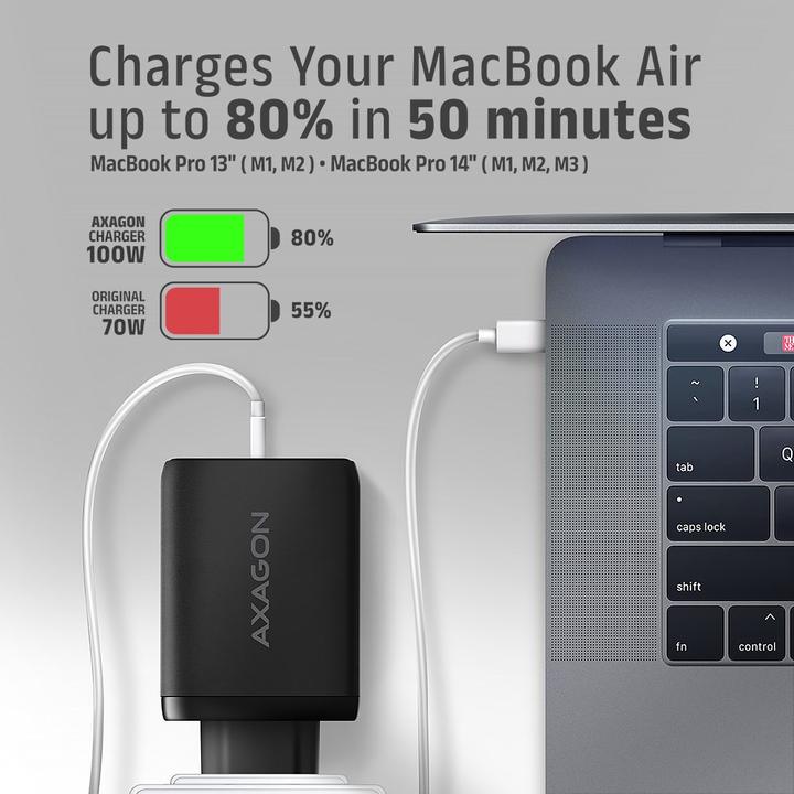Produktbild Axagon ACU-DPQ100, GaN nabíječka do sítě, 3x port (USB-A + dual USB-C), PD3.0/PPS/QC4+/Apple (100 W)