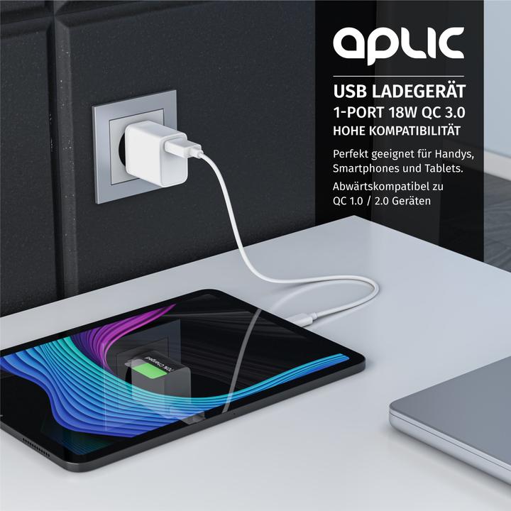 Actual product image Aplic USB charger 18W Quick Charge 3.0, fast charging function, for smartphones, tablets, white (18 W)