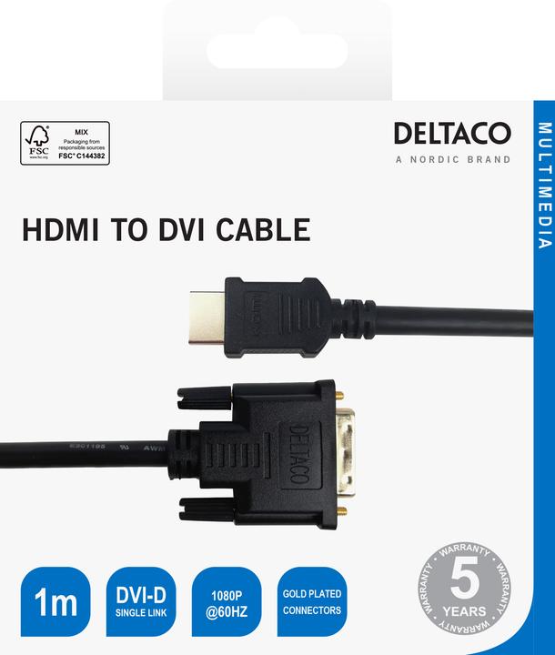 Produktbild Deltaco Cable HDMI to DVI 1080p, DVI-D (1 m, HDMI)