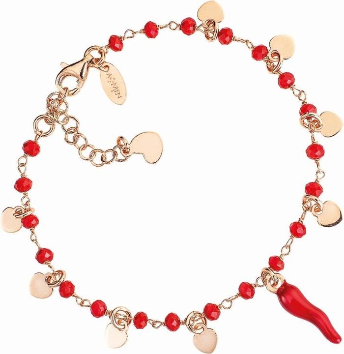 Amen Lucky Horn Red and Hearts Armband (16 cm, Silber 925)