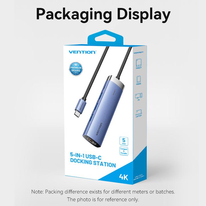 Actual product image Vention USB-C to HDMI/USB 3.0 x 3/PD Docking Station 0.15M Blue Aluminum Alloy Type (USB-C)