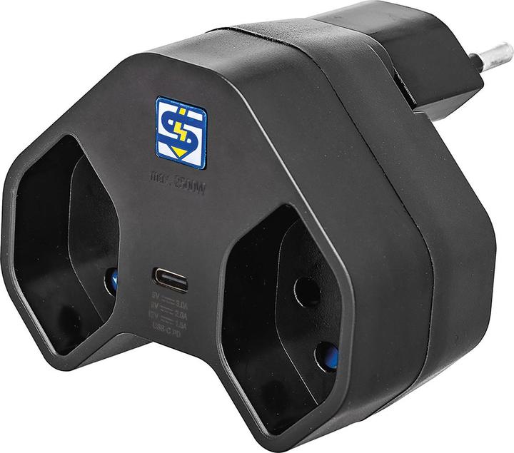 Produktbild Steffen Mehrfachadapter MANTA 2xT13 + 1xUSB-C PD drehbar 320° sw (USB-C, 3 x)