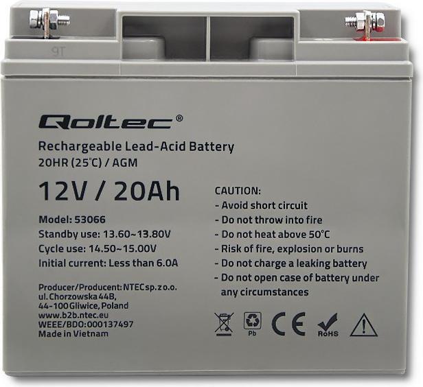 Immagine prodotto Qoltec 53066 Batteria AGM 12V 20Ah max. 300A