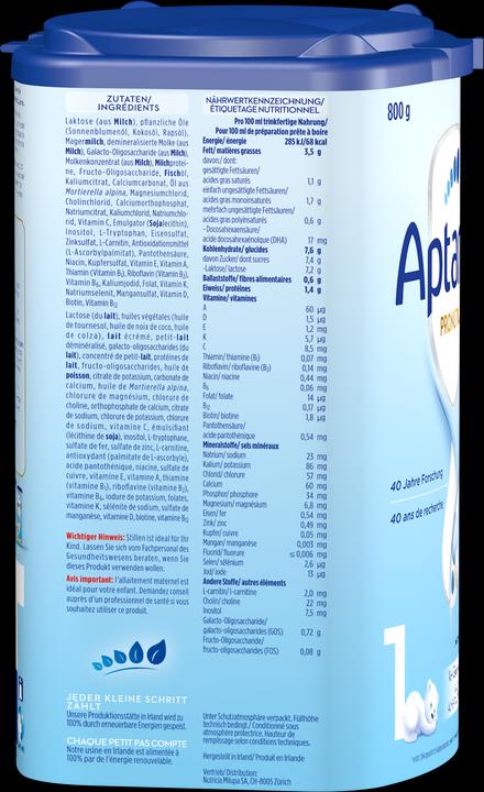 Nährwerte und Zutaten Aptamil Pronutra 1 (800 g, ab Geburt)