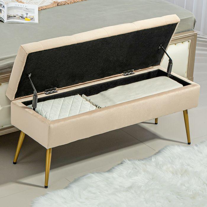 Produktbild Swisshandel24 Sitzbank Polsterbank mit Stauraum Bettbank mit Samtoptik für Flur Metall Beige (35 cm)