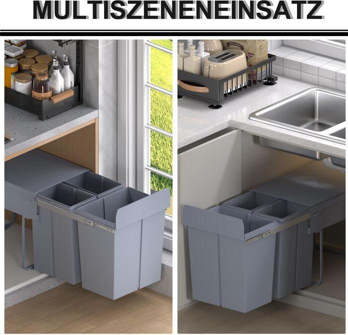 Produktbild Swisshandel24 40L Einbaumülleimer Unterschrank ausziehbarer Müllsammler mit 3 Fächer Grau (40 l)