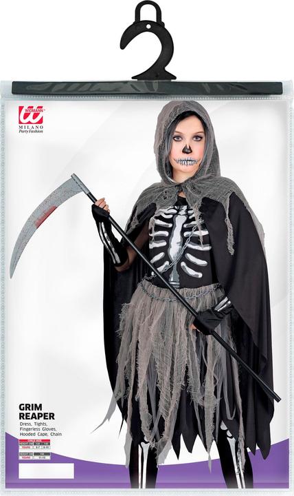 Produktbild Widmann Sensegirl Kinderkostüm Kleid, Strumpfhose und Handschuhe mit Knochenprint, Umhang mit Kapuze, Ketten (140)