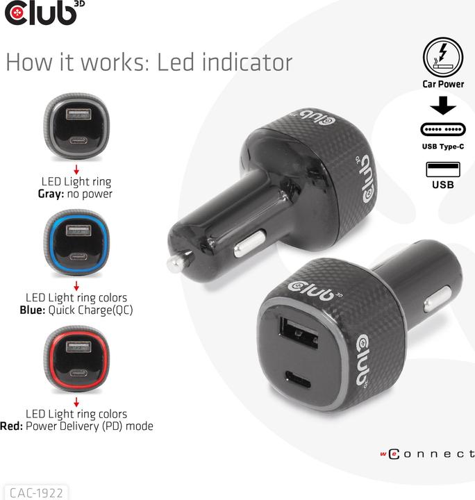 Immagine prodotto Club 3D Caricatore da auto USB Club3D 1xUSB C, 1xUSB A, 63W, 12/24V al dettaglio
