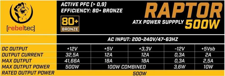 Actual product image Rebeltec ATX power supply RAPTOR 500W BRONZE 80+ Single Rail DC-DC (500 W)