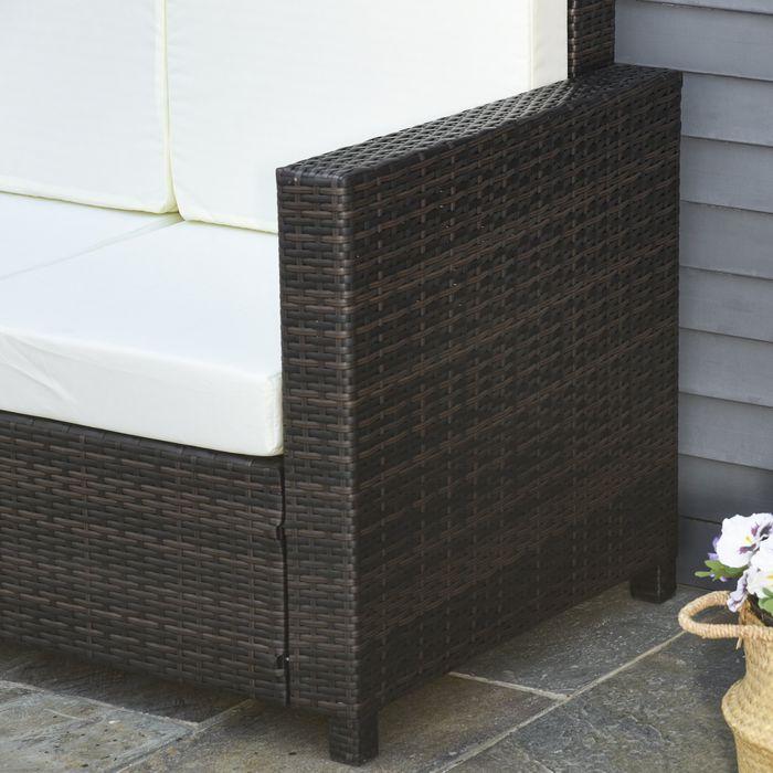 Immagine prodotto Swisshandel24 Divano in poly rattan con cuscini Divano da giardino a 3 posti in metallo poliestere marrone+bianco