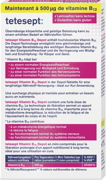 Nährwerte und Zutaten Tetesept Vitamin B12 Depot 500 mcg 30 Stück (30 Stück, Tabletten, 19 g)