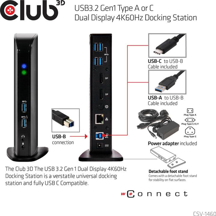 Actual product image Club 3D Dual Display Docking Station 4K60Hz (USB-B, 6 Ports)