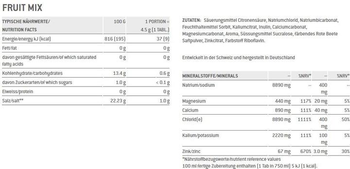 Nährwerte und Zutaten Sponser Electrolytes (Red orange, 12 Stk., 540 g)