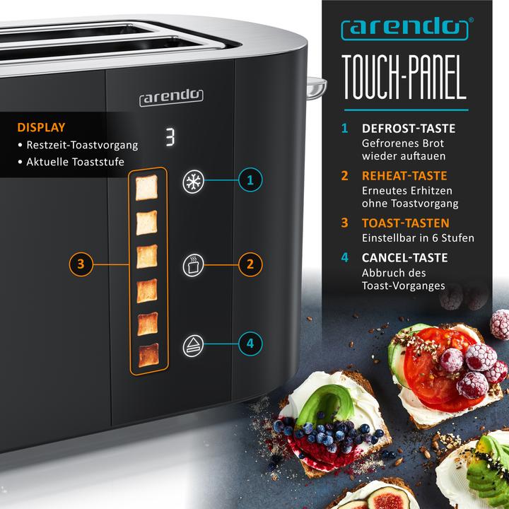 Immagine prodotto Arendo Toaster Edelstahl 4 Scheiben Langschlitz, Restzeit & Bräunungsgradanzeige, Touch Display, 1500 W (Spina UE)