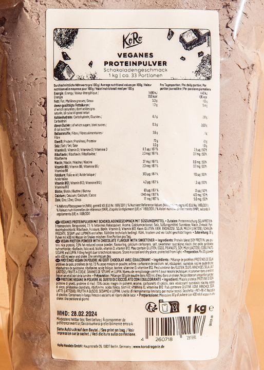 Valeurs nutritives et ingrédients KoRo Poudre de protéine végétalienne (Chocolat, 1 pcs, 1000 g)