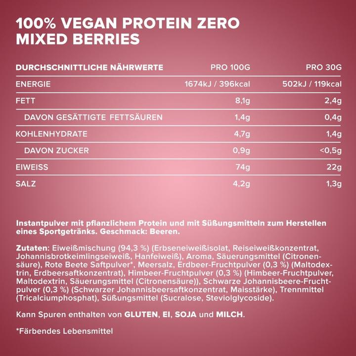 Valeurs nutritives et ingrédients IronMaxx 100% Vegan Protein Zero (Mélange de baies, 1 pcs)