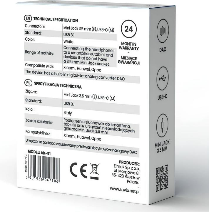 Image du produit Savio Adaptateur audio - USB type 3.1 C M - Prise jack 3,5 mm F - Blanc AK-51 (0.11 m, USB)