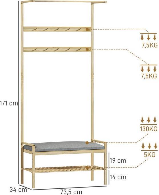 Actual product image Swisshandel24 Garderobenständer mit Schuhbank, Kleiderständer mit Haken, Schuhregal, Natur