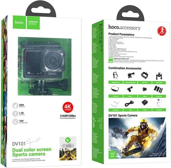 Actual product image Hoco Headphone with microphone sports camera with dual screen 1,3" + 2" 4K/30fps DV101 black