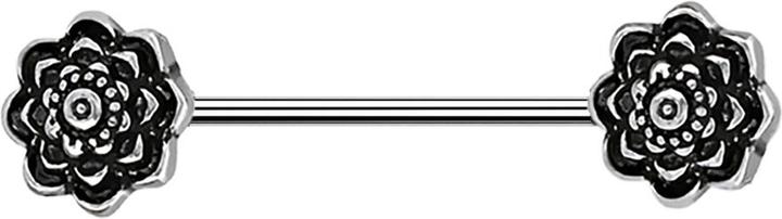 Produktbild Star Piercing Barbell silber mit zwei schwarzen Rosen (ohne Messing, Chirurgenstahl 316L)