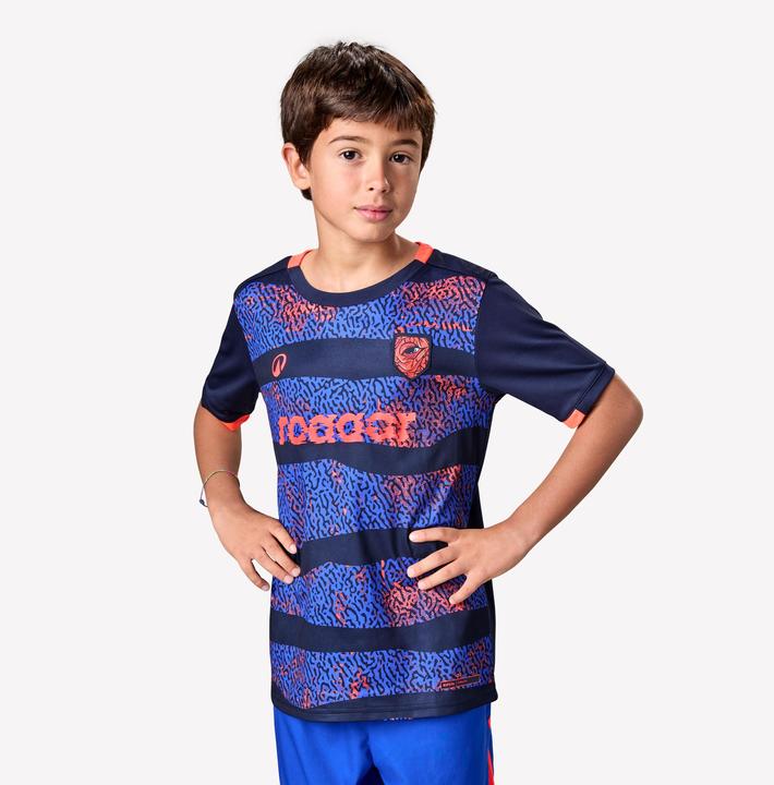 Produktbild Kipsta Kinder Fussball Trikot kurzarm - VIRALTO Kids Roarrr Rhino Streifen blau/violett (5, 6)