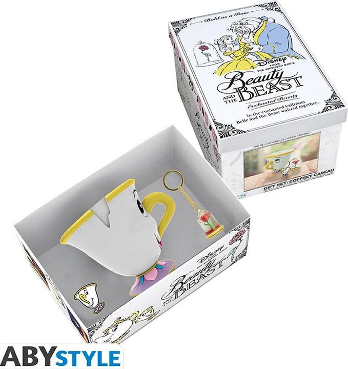 Produktbild ABYstyle Die Schöne und das Biest - Becher 3D + Schlüsselring 3D + Stecknadeln "Zip & Rose" (250 ml, 1 x)