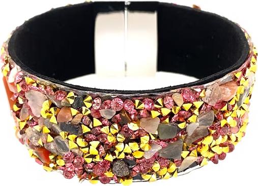 Immagine prodotto Signé Signè Bracciale in pelle con pietre e cristalli sintetici rosa e metallo a cono d'oro No.9 (18.50 cm, Metallo, Vetro, Ottone, Senza piombo, Senza cadmio, cristalli sintetici, Senza nichel)