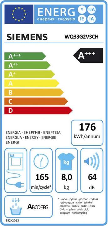 Label énergétique Siemens WQ33G2V3CH 8kg & WM14N0E3CH 8kg Waschturm (8 kg, Droite)