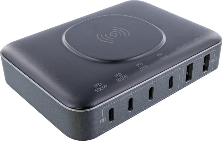 InLine Qi Powerstation Multiport, Netzteil, Ladegerät, 4x USB Typ-C, 2x USB Typ-A, GaN, 100W, Wirel (100 W)